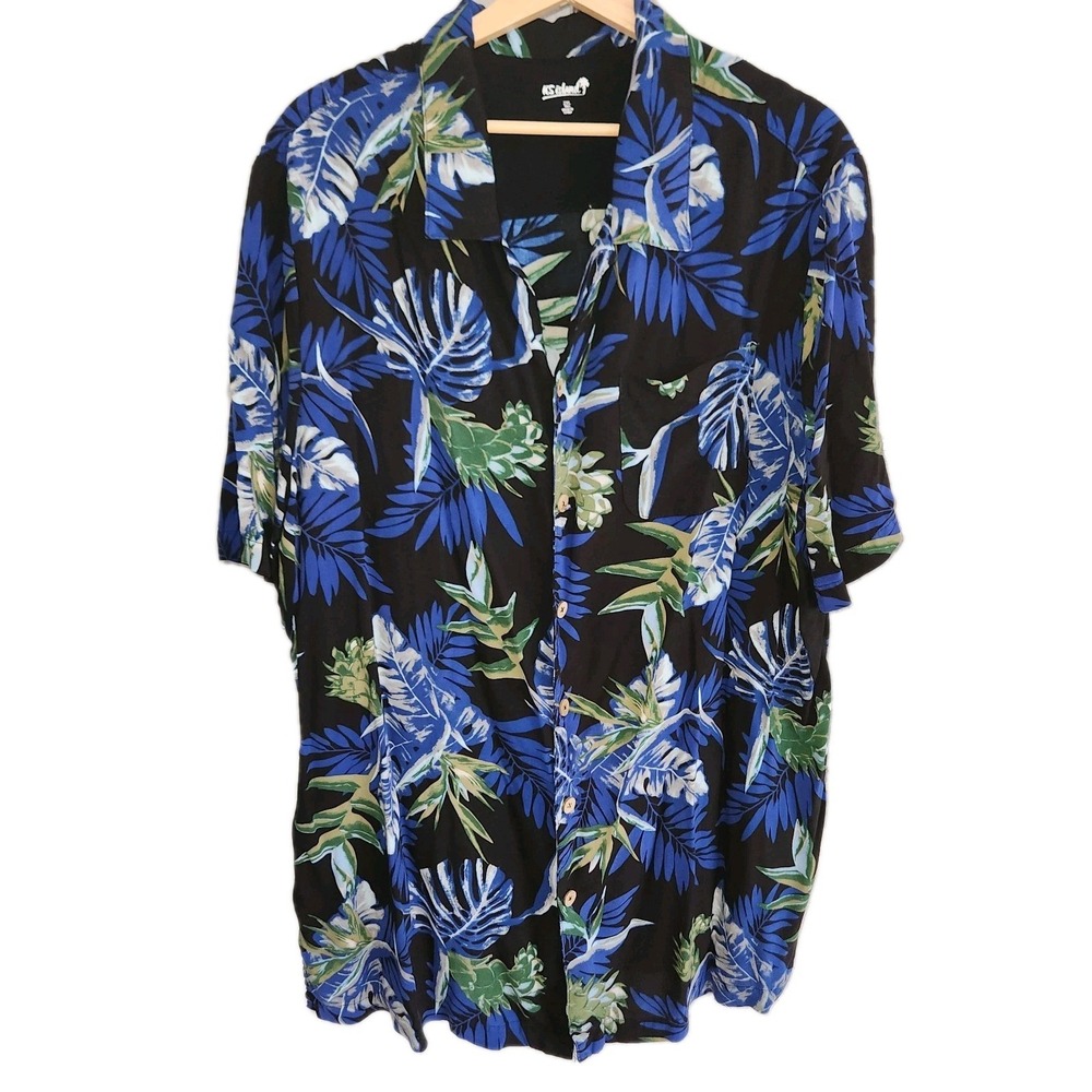 KS Island Mens Hawaiian Shirt 2XL TALL Black & Blue vacation resort beach cruise